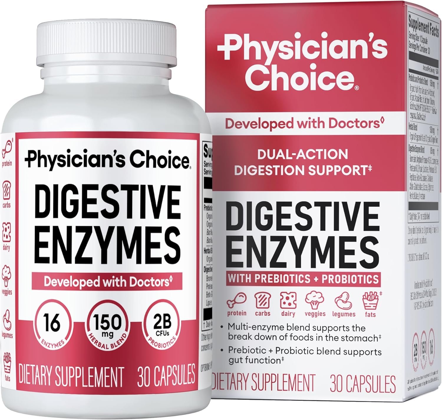 Physician’s CHOICE Digestive Enzymes – Multi Enzymes, Bromelain, Organic Prebiotics & Probiotics for Digestive Health & Gut Health – Bloating & Meal Time Discomfort – Dual Action – All Diets – 30 CT