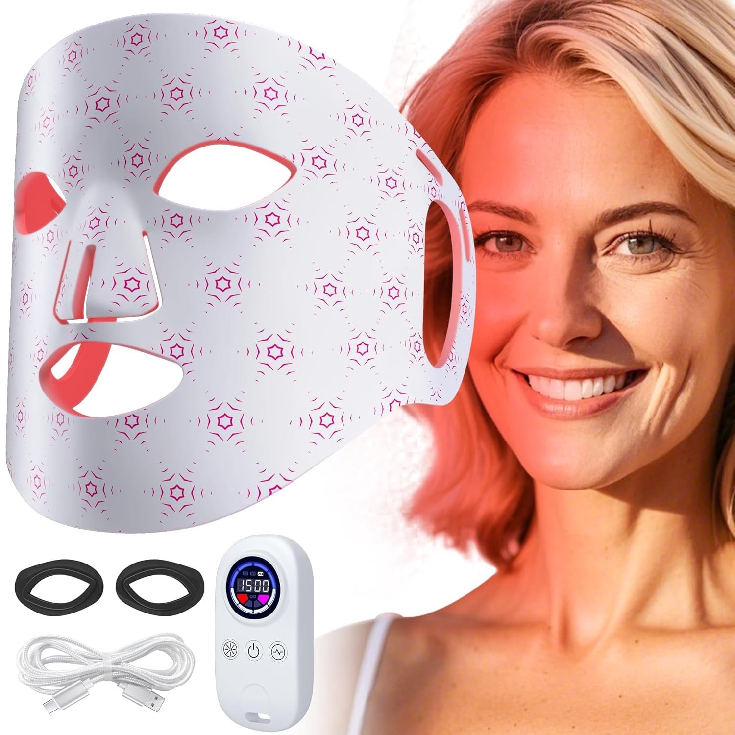 Red Light Mask for Face, Silicone Soft LED Face Mask with Remote, 660nm & 850nm Red Light Mask with Timing Function, Reduced Wrinkles, Anti-Aging, at Home (White)