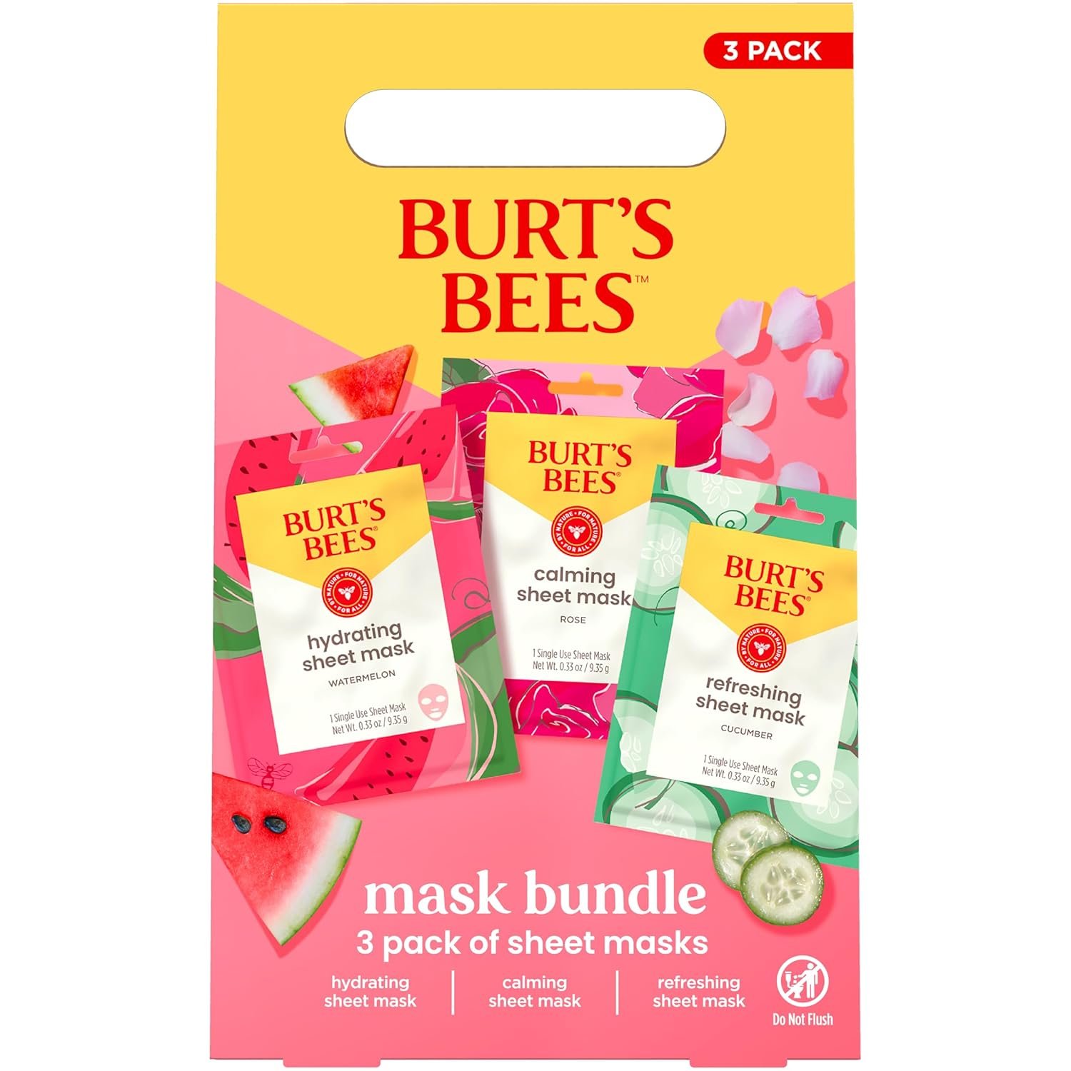 Burt’s Bees Face Mask Bundle Set, Hydrating Watermelon, Calming Rose, & Refreshing Cucumber, Face Sheet Masks for Single Use Skin Care, 99% Natural Origin, 3 Count, 0.33oz Each