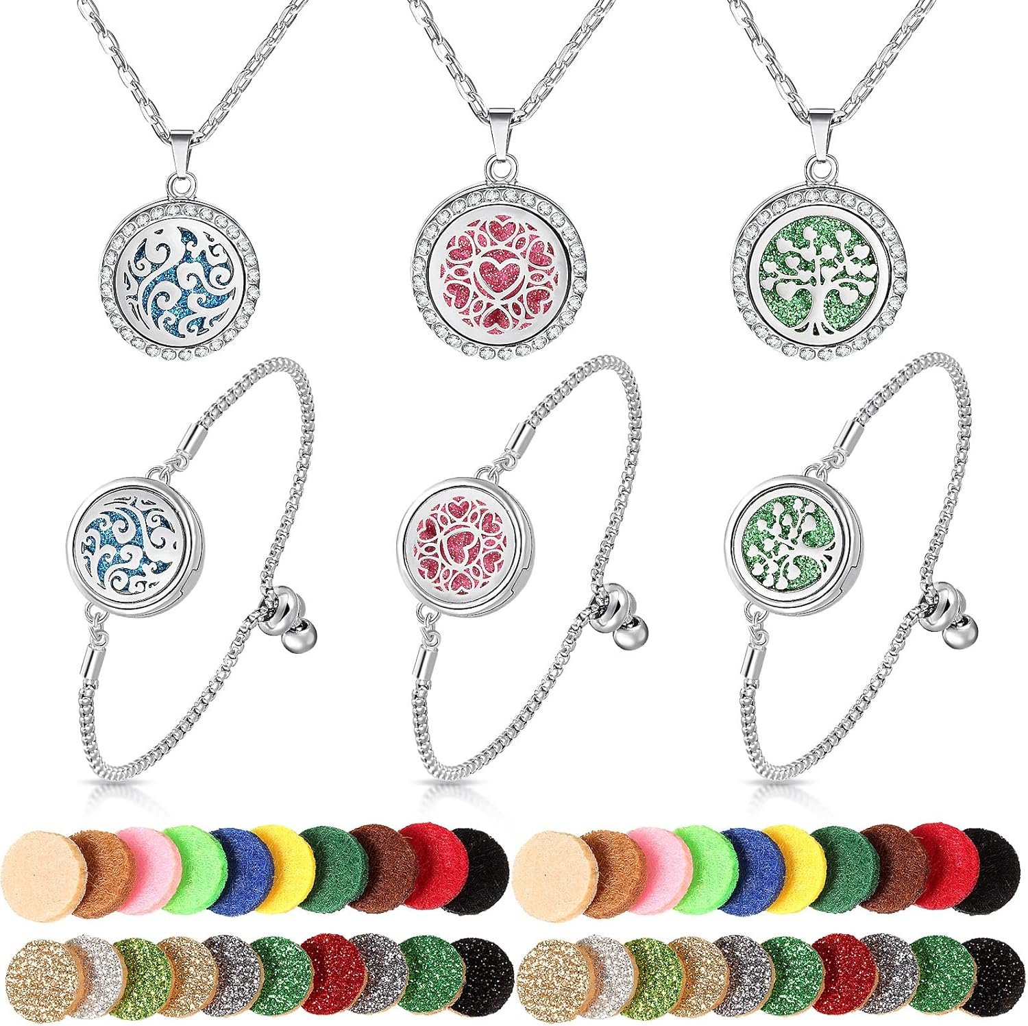 MTLEE 6 Pcs Essential Oil Diffuser Necklace Bracelet Set for Women Stainless Steel Locket Pendant Tree of Life Adjustable Bracelet with 40 Pcs Refill Pads Christmas Holiday Xmas Gift(Cute Style)