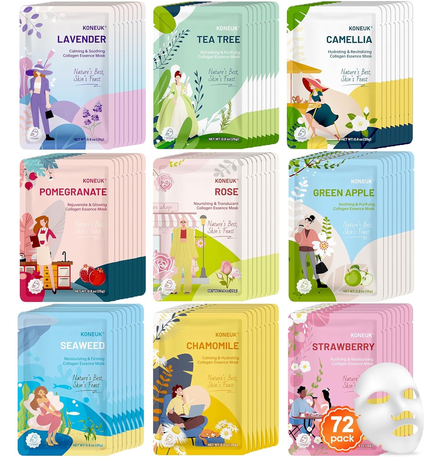 72 Pack Bulk Hydrating Face Masks Skincare, Collagen Sheet Face Mask for Dry, Oily Skin, Spa Gifts for Women Skin Care, Easter Basket Stuffers, Mothers Day Gifts, Teacher Gifts (9 Types x 8 Pcs)