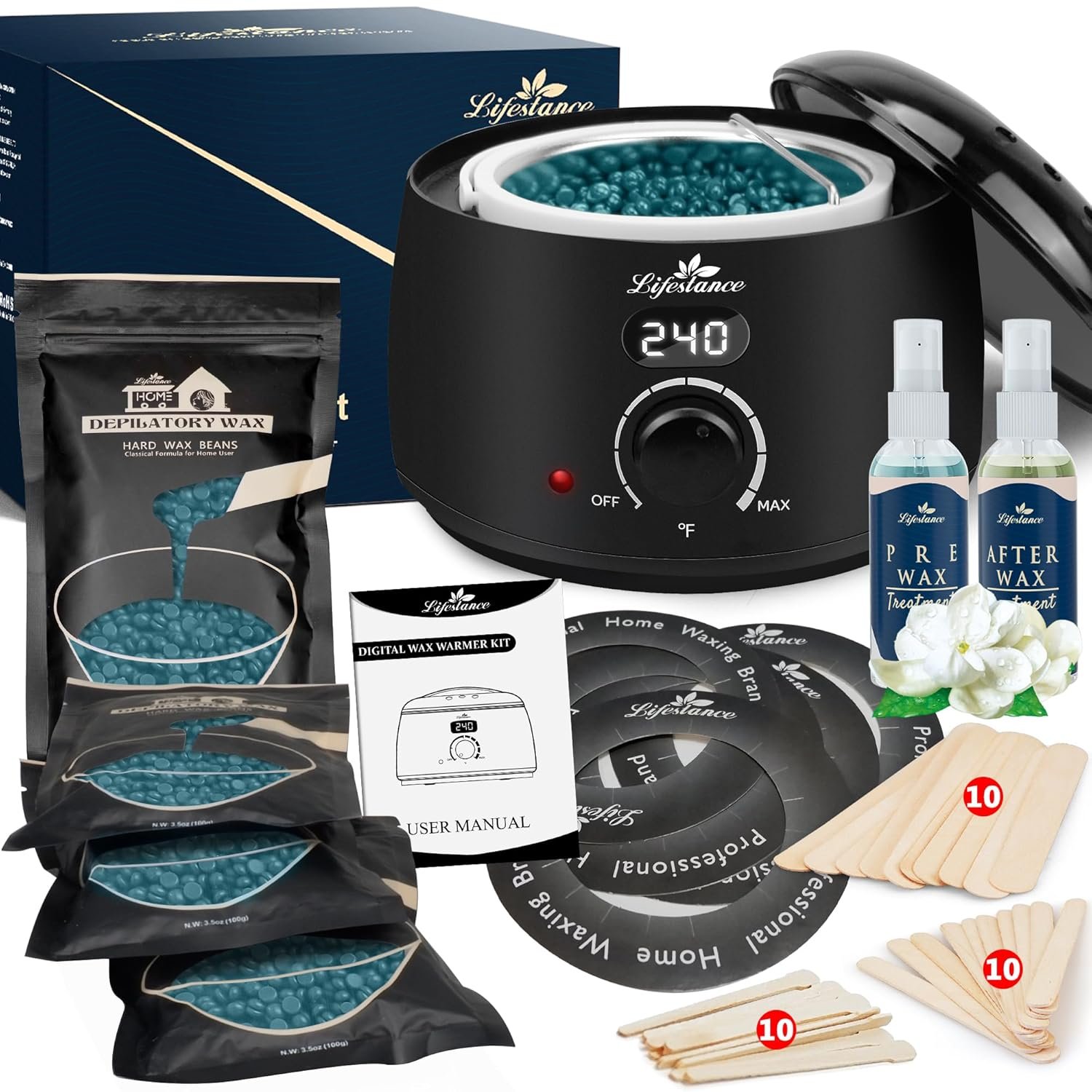 Lifestance Waxing Kit for Women & Men – L2 Digital Wax Pot Warmer, Brazilian & Bikini Hair Removal Kit with 14.1oz Hard Wax Beads & 42 Accessories, Professional for Face, Leg, Eyebrow, Body at Home