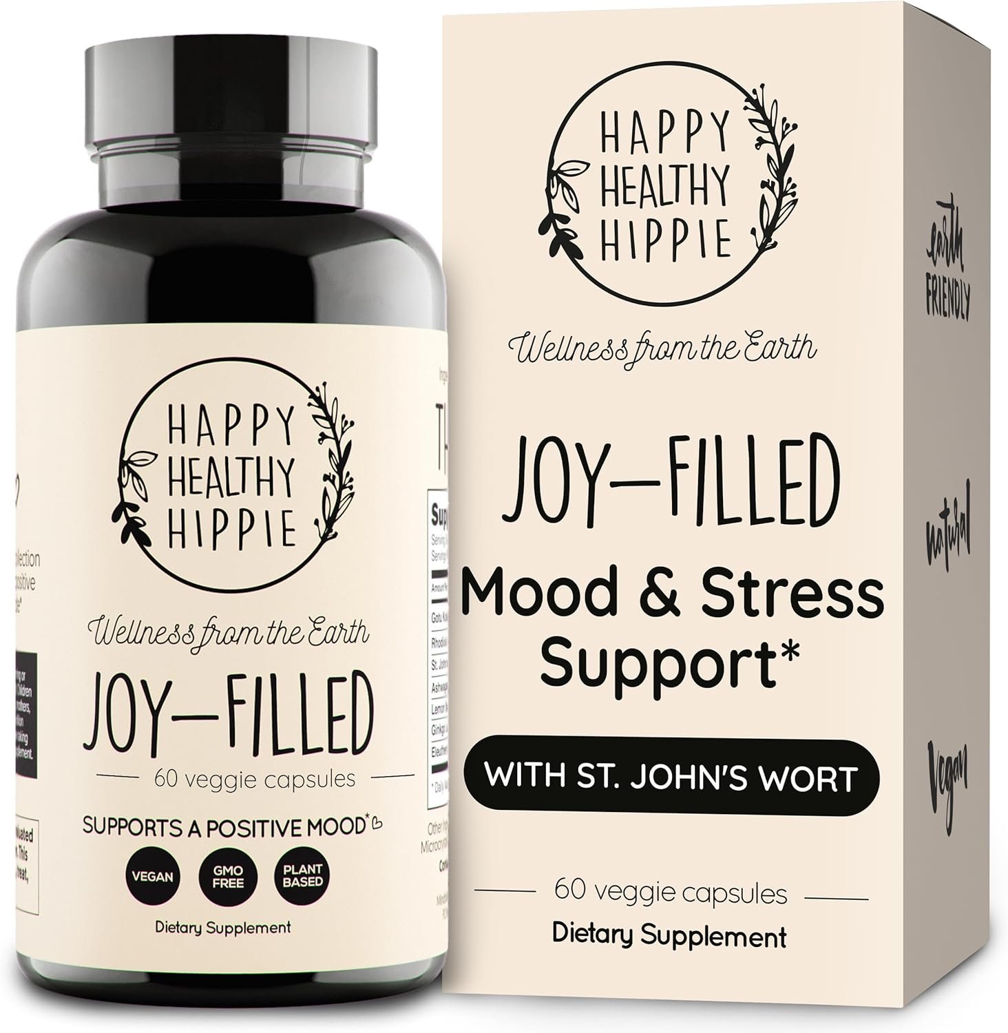 Joy-Filled Mood Support Supplement – 7 Herb Complex + St. Johns Wort | Stress Relief – Helps Calm The Mind & Body | 100% Plant-Based Happy Pills, Ashwagandha, Rhodiola Rosea | Adaptogens, 60 Ct