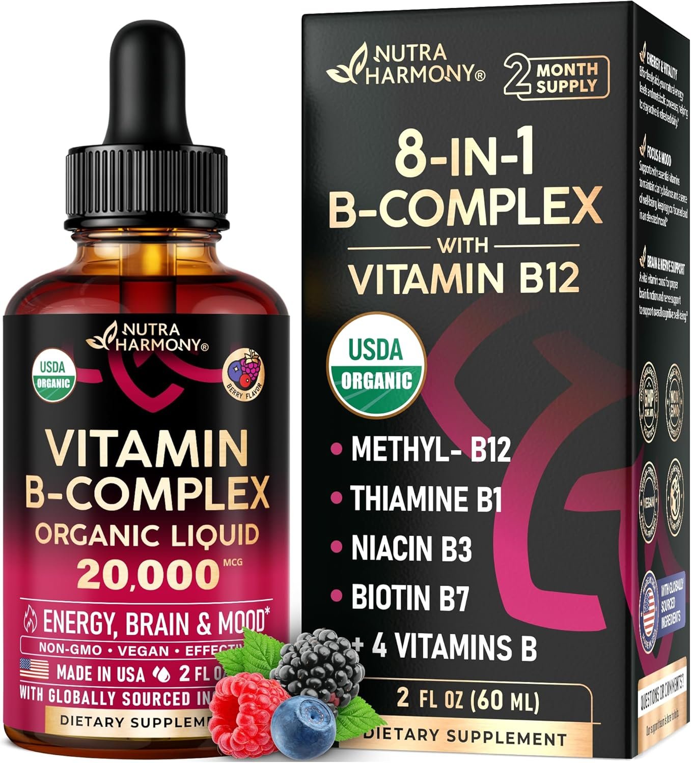 USDA Organic Vitamin B-Complex B5 Pantothenic Acid | B12 Methylcobalamin | B1 Thiamine | B6 Pyridoxine | B7 Biotin | B9 Folic | B3 Niacinamide – B Complex Liquid Drops, Made in USA Supplement, 2fl oz