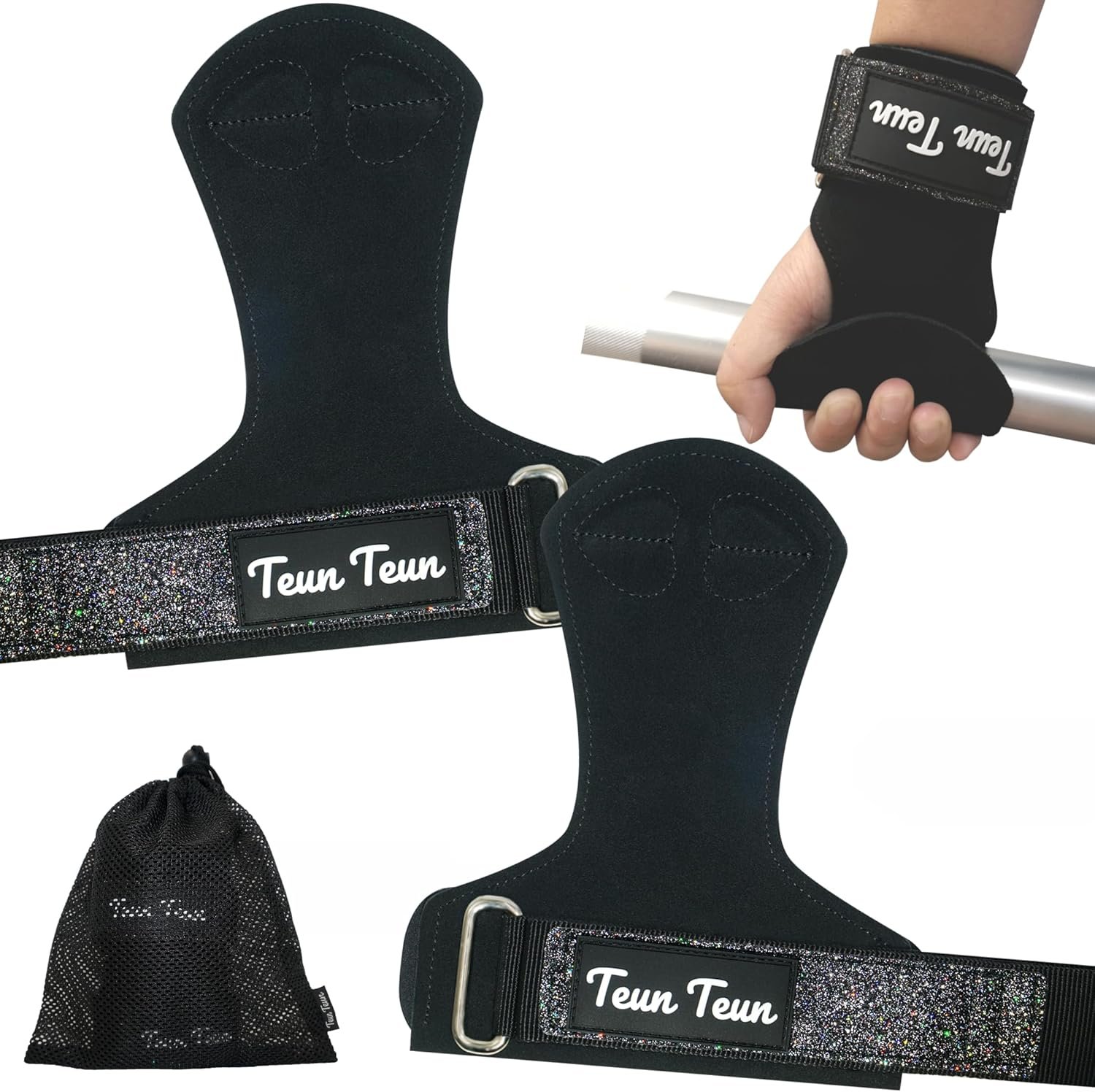 Teun Teun Glitter Wrist Straps for Weightlifting, Women’s Gym Lifting Straps for Deadlift, Leather Workout Weight Lifting Grips With Neoprene Padded Wrist Wraps Support