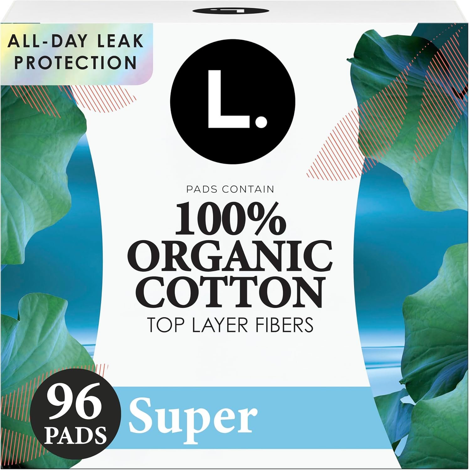 L. Ultra Thin Pads for Women, Super Absorbency, Organic Cotton Top Layer, Unscented Pads with Wings, 96 Count (4 Packs of 24)
